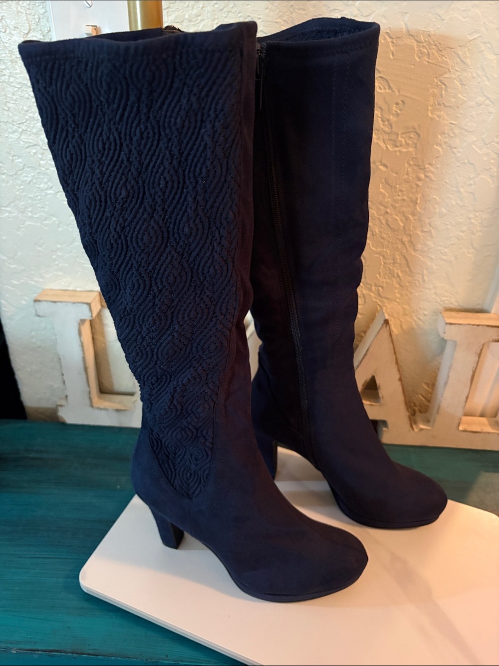 Women's Navy Knee-High Suede Heeled Boots